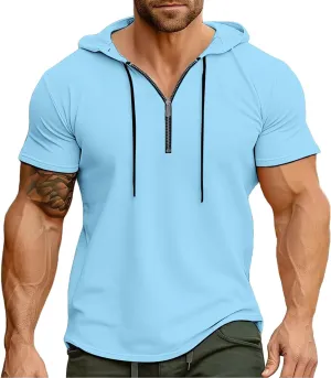 Mens Quarter Zip Hoodies Short Sleeve Shirts with Drawstring Casual Lightweight Muscle Workout Athletic Hooded Tshirt