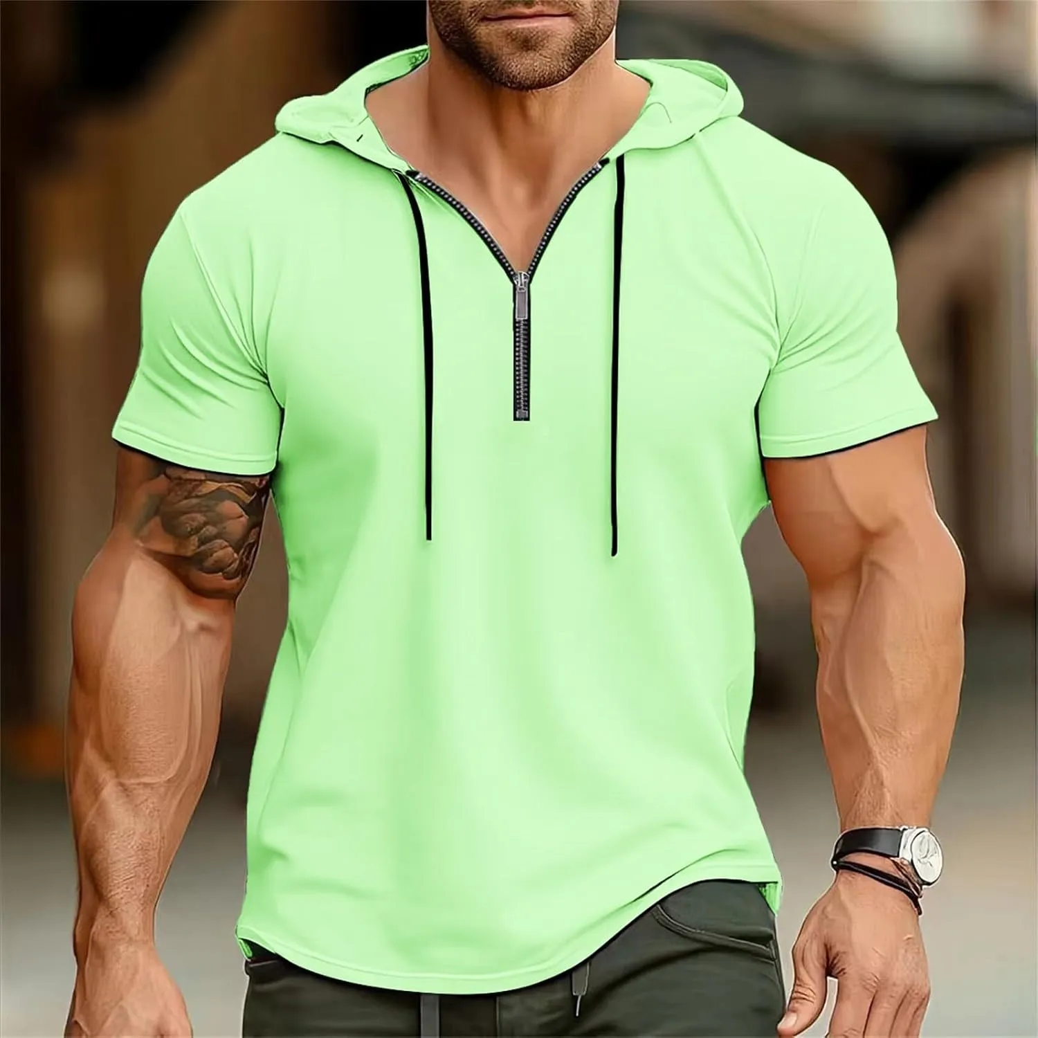 Mens Quarter Zip Hoodies Short Sleeve Shirts with Drawstring Casual Lightweight Muscle Workout Athletic Hooded Tshirt