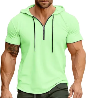 Mens Quarter Zip Hoodies Short Sleeve Shirts with Drawstring Casual Lightweight Muscle Workout Athletic Hooded Tshirt