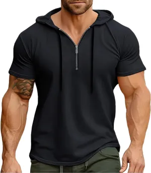 Mens Quarter Zip Hoodies Short Sleeve Shirts with Drawstring Casual Lightweight Muscle Workout Athletic Hooded Tshirt