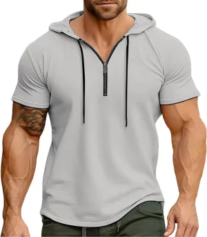 Mens Quarter Zip Hoodies Short Sleeve Shirts with Drawstring Casual Lightweight Muscle Workout Athletic Hooded Tshirt