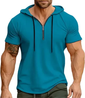 Mens Quarter Zip Hoodies Short Sleeve Shirts with Drawstring Casual Lightweight Muscle Workout Athletic Hooded Tshirt