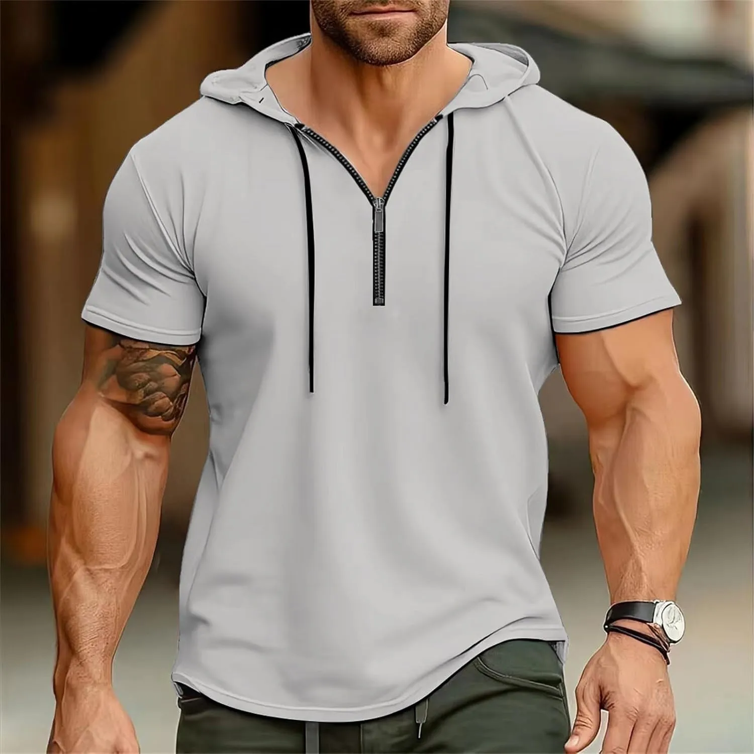 Mens Quarter Zip Hoodies Short Sleeve Shirts with Drawstring Casual Lightweight Muscle Workout Athletic Hooded Tshirt