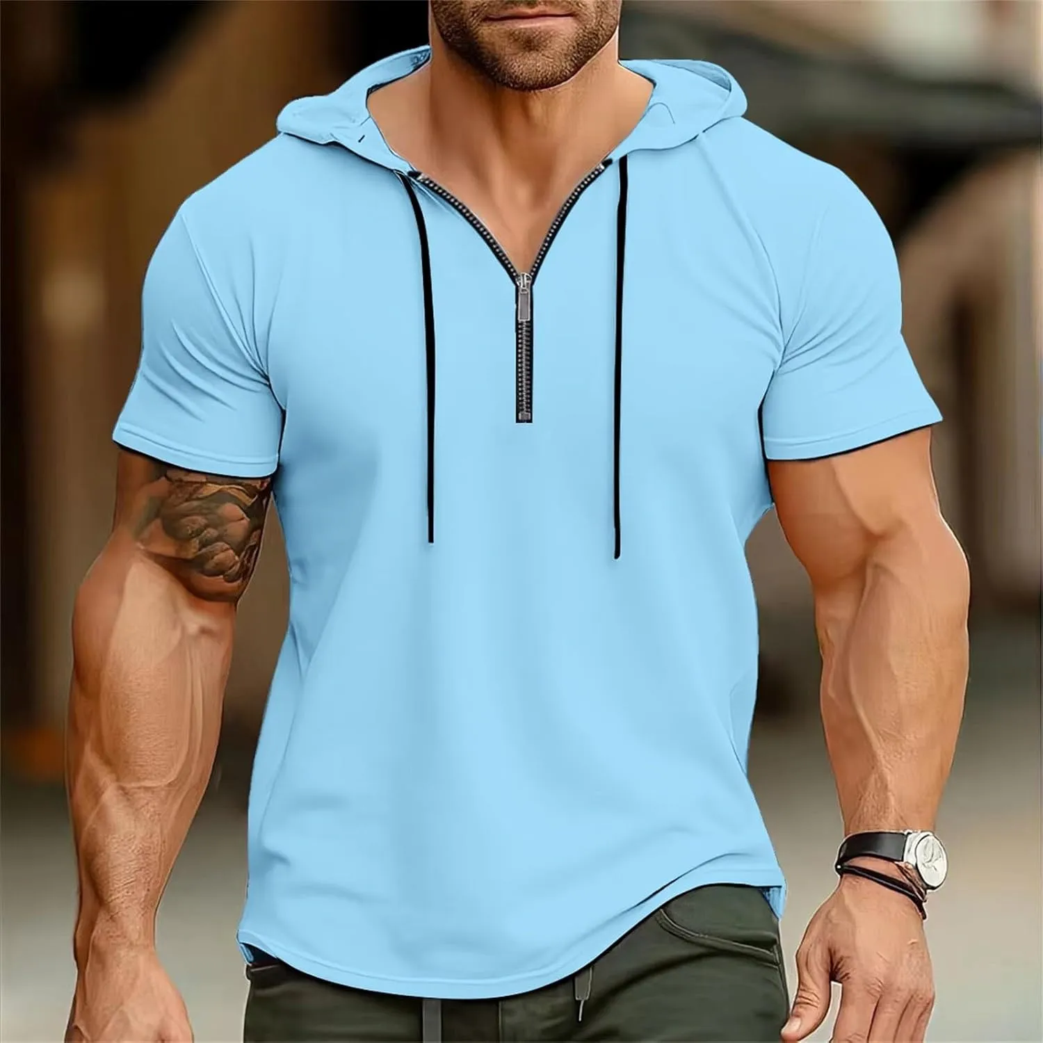 Mens Quarter Zip Hoodies Short Sleeve Shirts with Drawstring Casual Lightweight Muscle Workout Athletic Hooded Tshirt