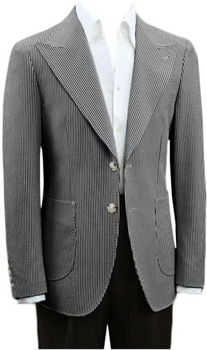 Mens Seersucker Single Breasted Blazer Jacket Slim Fit Peak Lapel Striped Sport Coats for Wedding Party