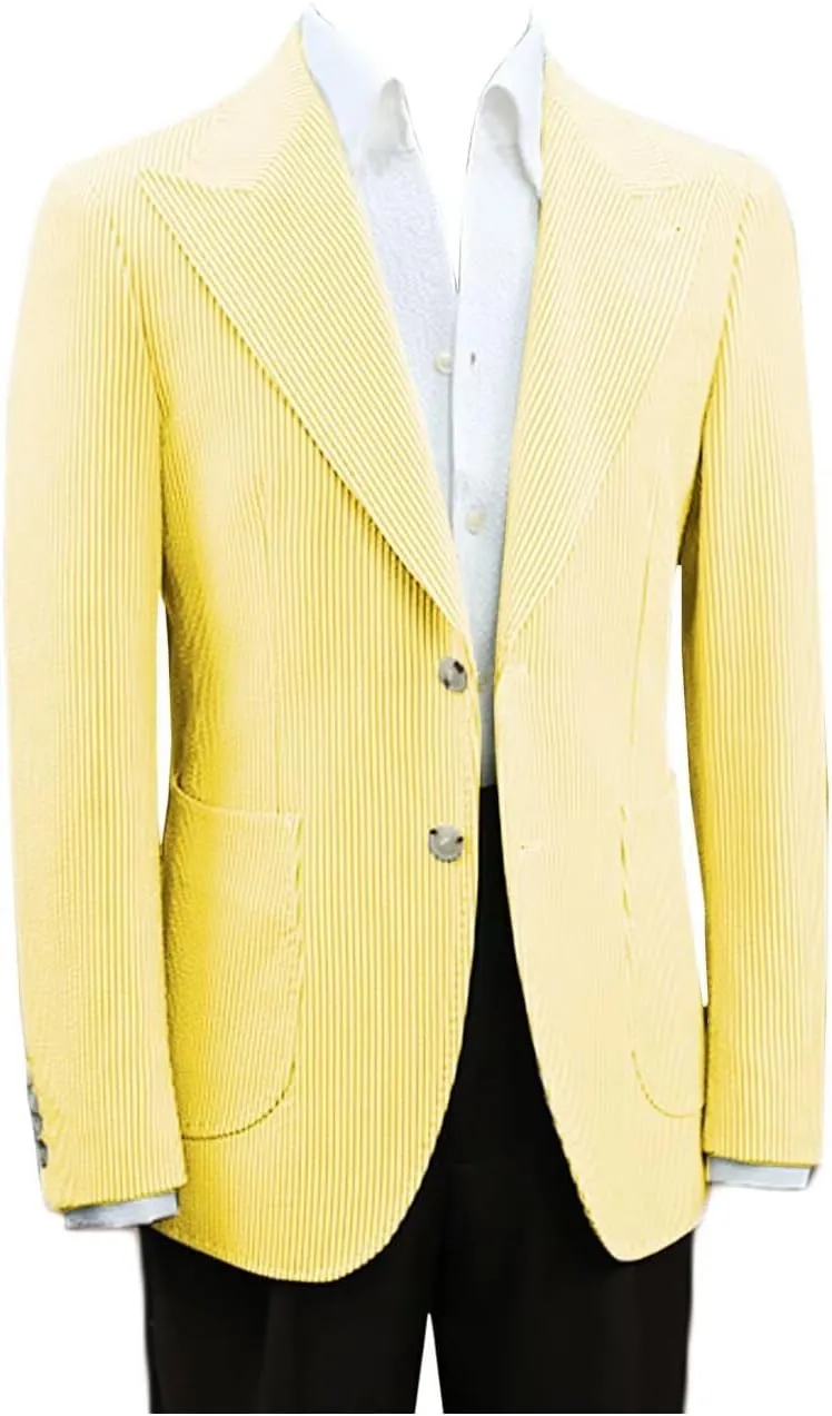 Mens Seersucker Single Breasted Blazer Jacket Slim Fit Peak Lapel Striped Sport Coats for Wedding Party
