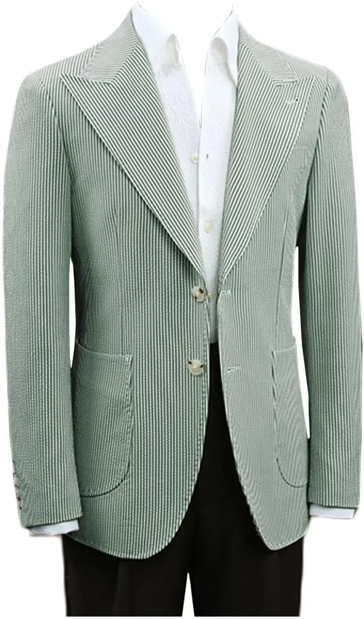 Mens Seersucker Single Breasted Blazer Jacket Slim Fit Peak Lapel Striped Sport Coats for Wedding Party