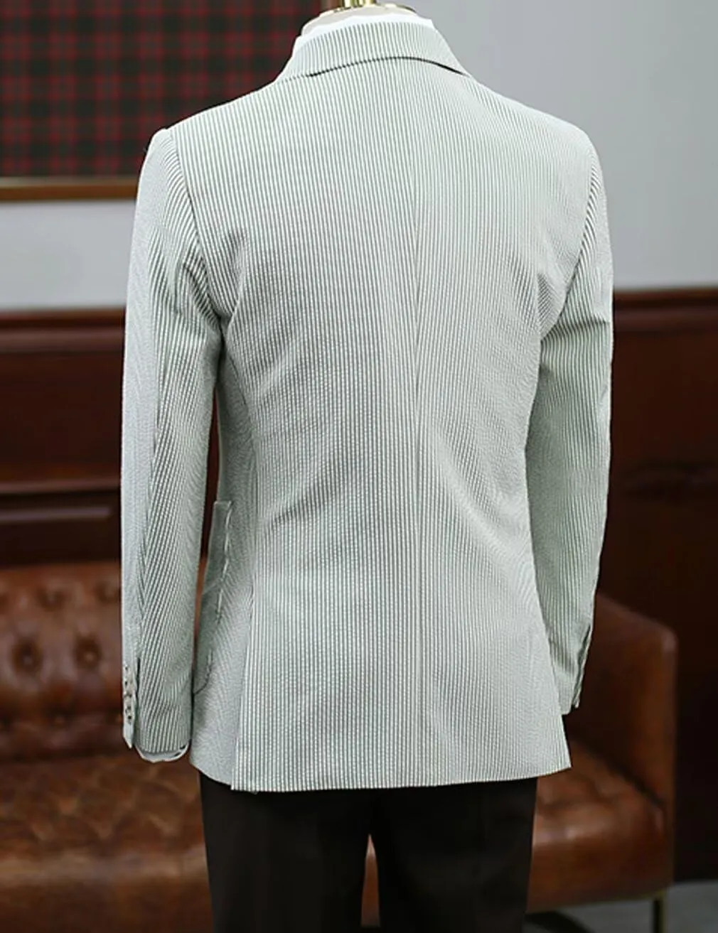 Mens Seersucker Single Breasted Blazer Jacket Slim Fit Peak Lapel Striped Sport Coats for Wedding Party