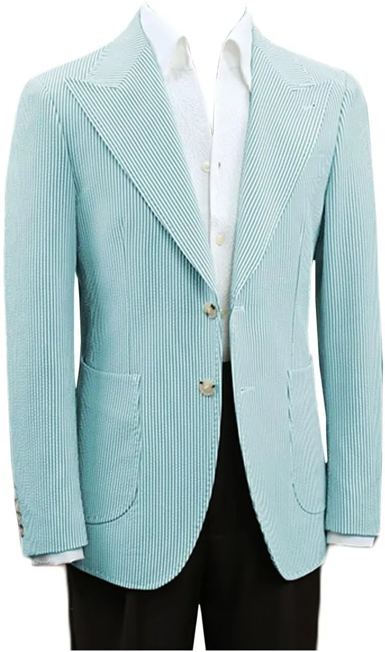 Mens Seersucker Single Breasted Blazer Jacket Slim Fit Peak Lapel Striped Sport Coats for Wedding Party