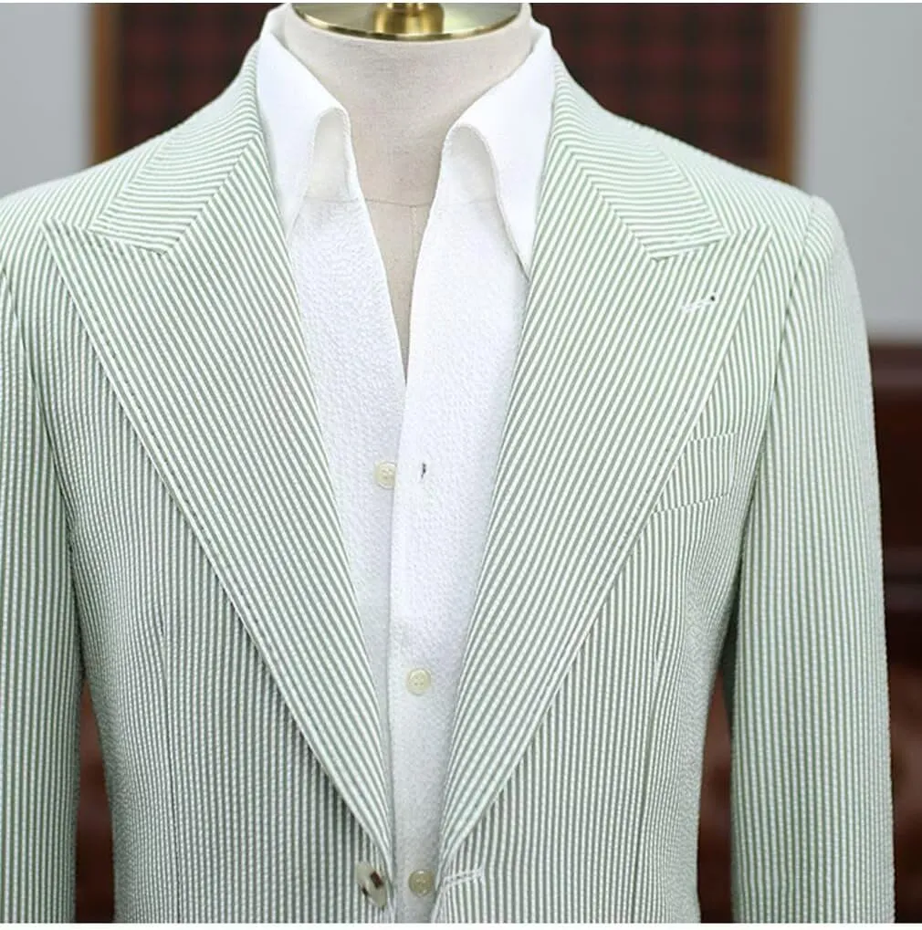 Mens Seersucker Single Breasted Blazer Jacket Slim Fit Peak Lapel Striped Sport Coats for Wedding Party