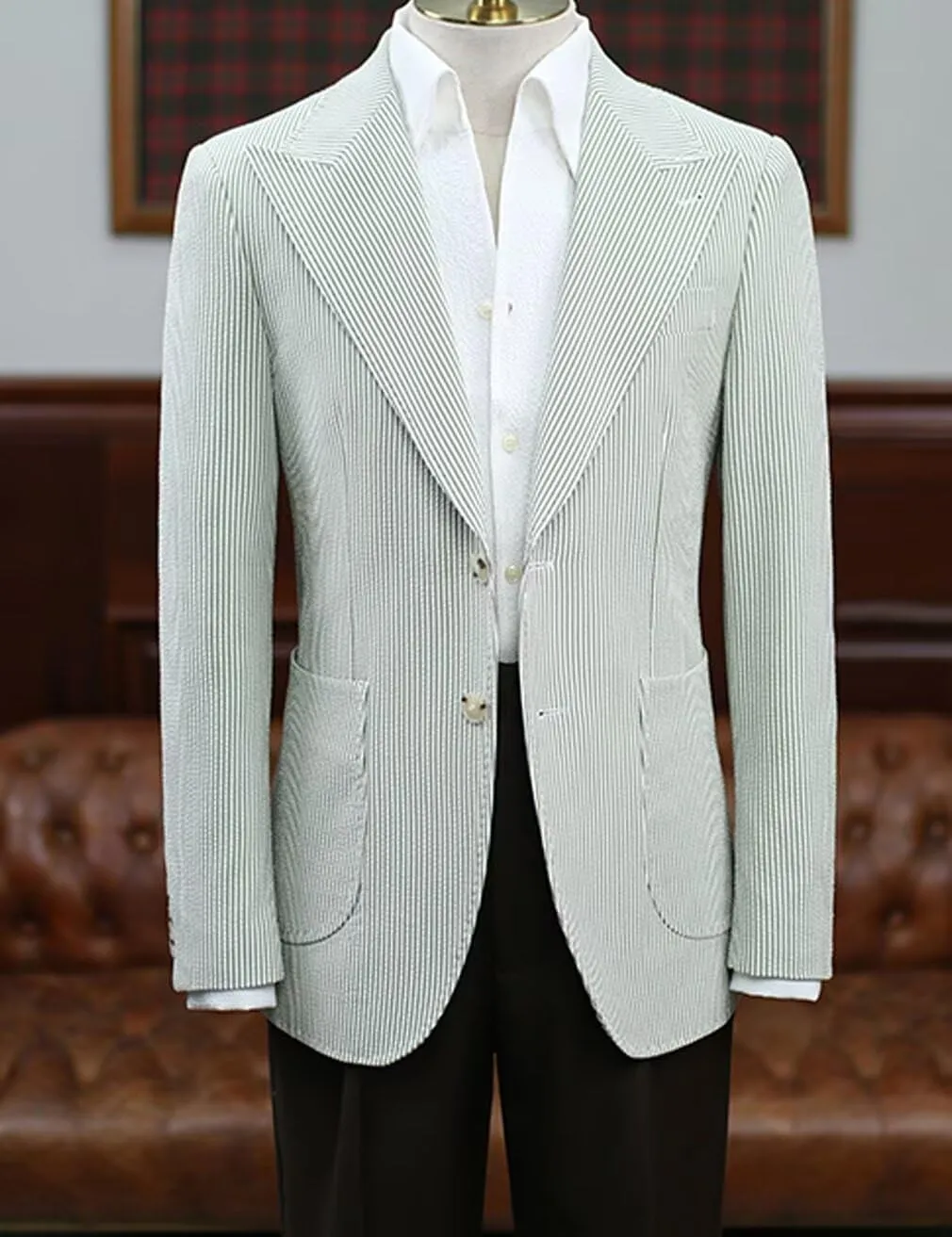 Mens Seersucker Single Breasted Blazer Jacket Slim Fit Peak Lapel Striped Sport Coats for Wedding Party
