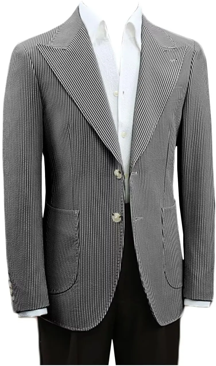 Mens Seersucker Single Breasted Blazer Jacket Slim Fit Peak Lapel Striped Sport Coats for Wedding Party