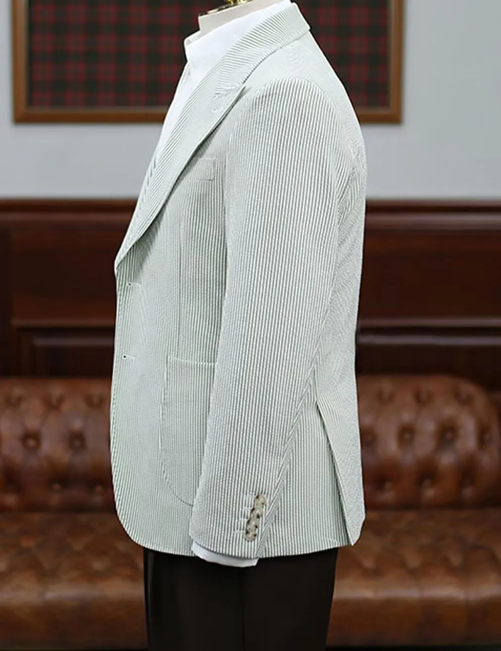 Mens Seersucker Single Breasted Blazer Jacket Slim Fit Peak Lapel Striped Sport Coats for Wedding Party