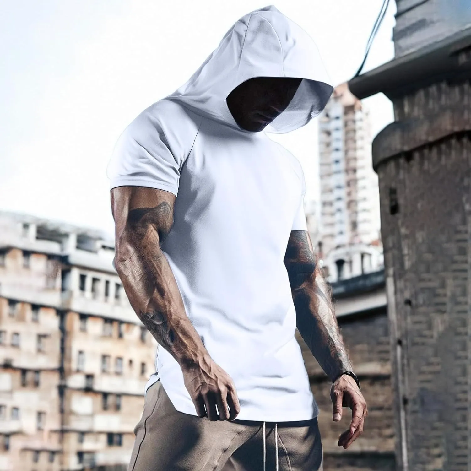 Mens Short Sleeve Hoodie Casual Lightweight Athletic Gym Workout Hooded Shirts Moisture Wicking Muscle Fit Sweatshirt