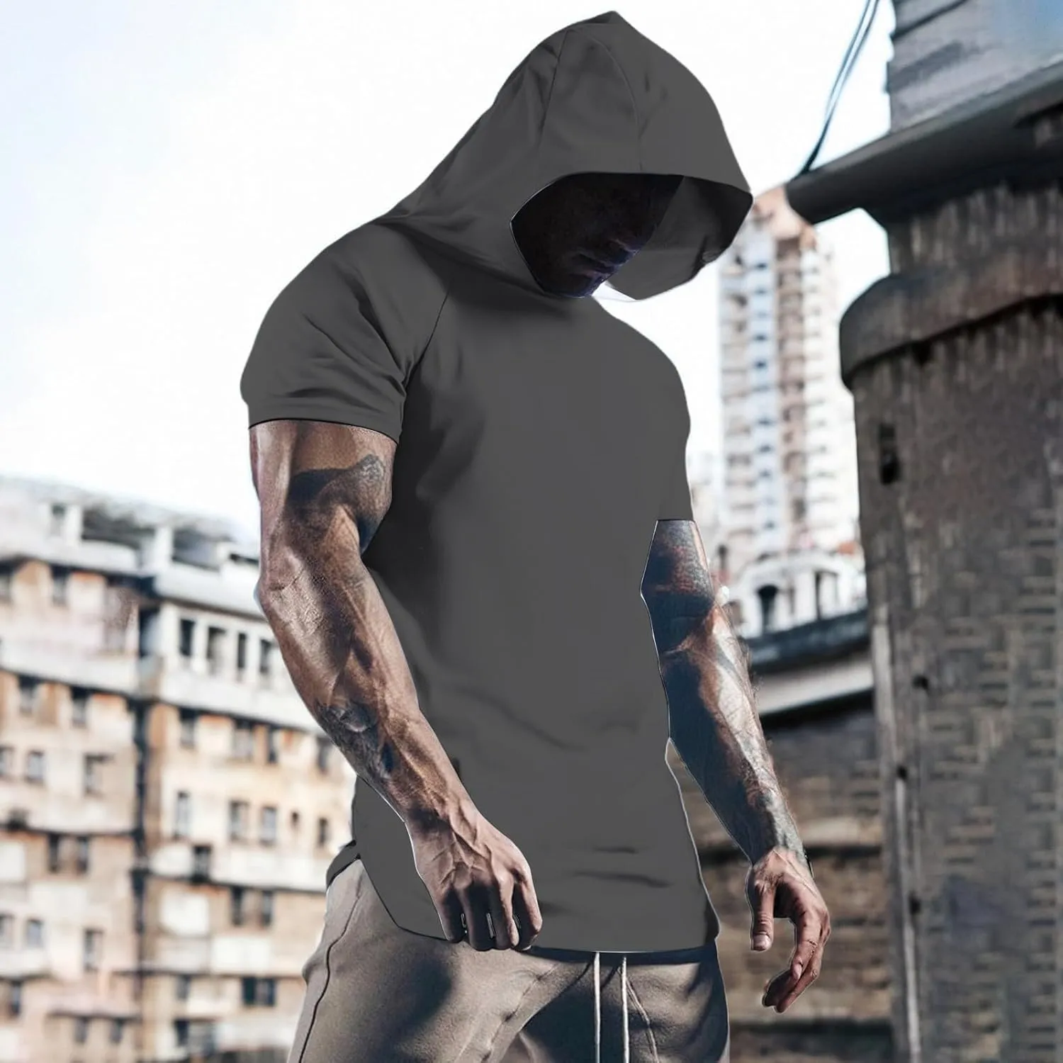 Mens Short Sleeve Hoodie Casual Lightweight Athletic Gym Workout Hooded Shirts Moisture Wicking Muscle Fit Sweatshirt
