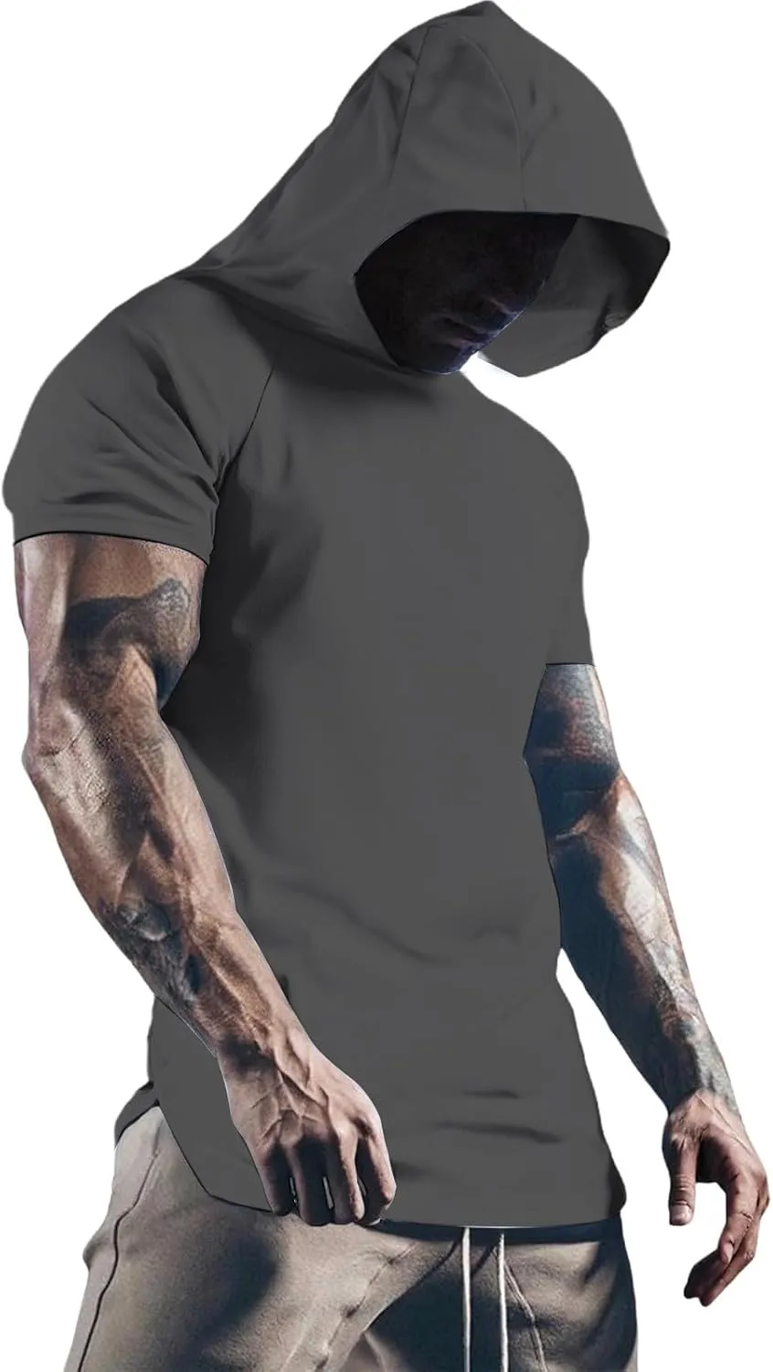 Mens Short Sleeve Hoodie Casual Lightweight Athletic Gym Workout Hooded Shirts Moisture Wicking Muscle Fit Sweatshirt