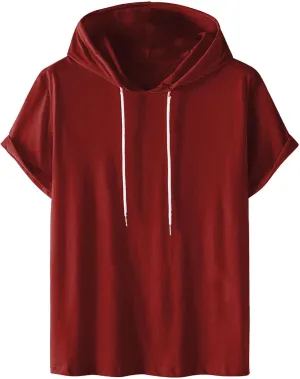 Mens Short Sleeve Hoodie Sweatshirts Drawstring Hooded Pullover Sports Tops