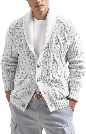 Mens Slimming Twist Knit Cardigan Sweaters Casual Long Sleeve Shawl Collar Button Down Knitted Sweaters with Pockets