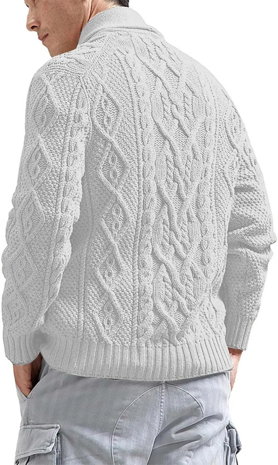 Mens Slimming Twist Knit Cardigan Sweaters Casual Long Sleeve Shawl Collar Button Down Knitted Sweaters with Pockets