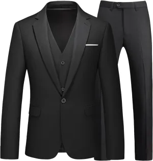 Mens Suits 3 Pieces Slim Fit One Button Solid Suit Blazers for Business Wedding Formal Prom Tuxedo Blazer Vest & Pant Set