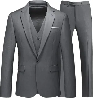 Mens Suits 3 Pieces Slim Fit One Button Solid Suit Blazers for Business Wedding Formal Prom Tuxedo Blazer Vest & Pant Set
