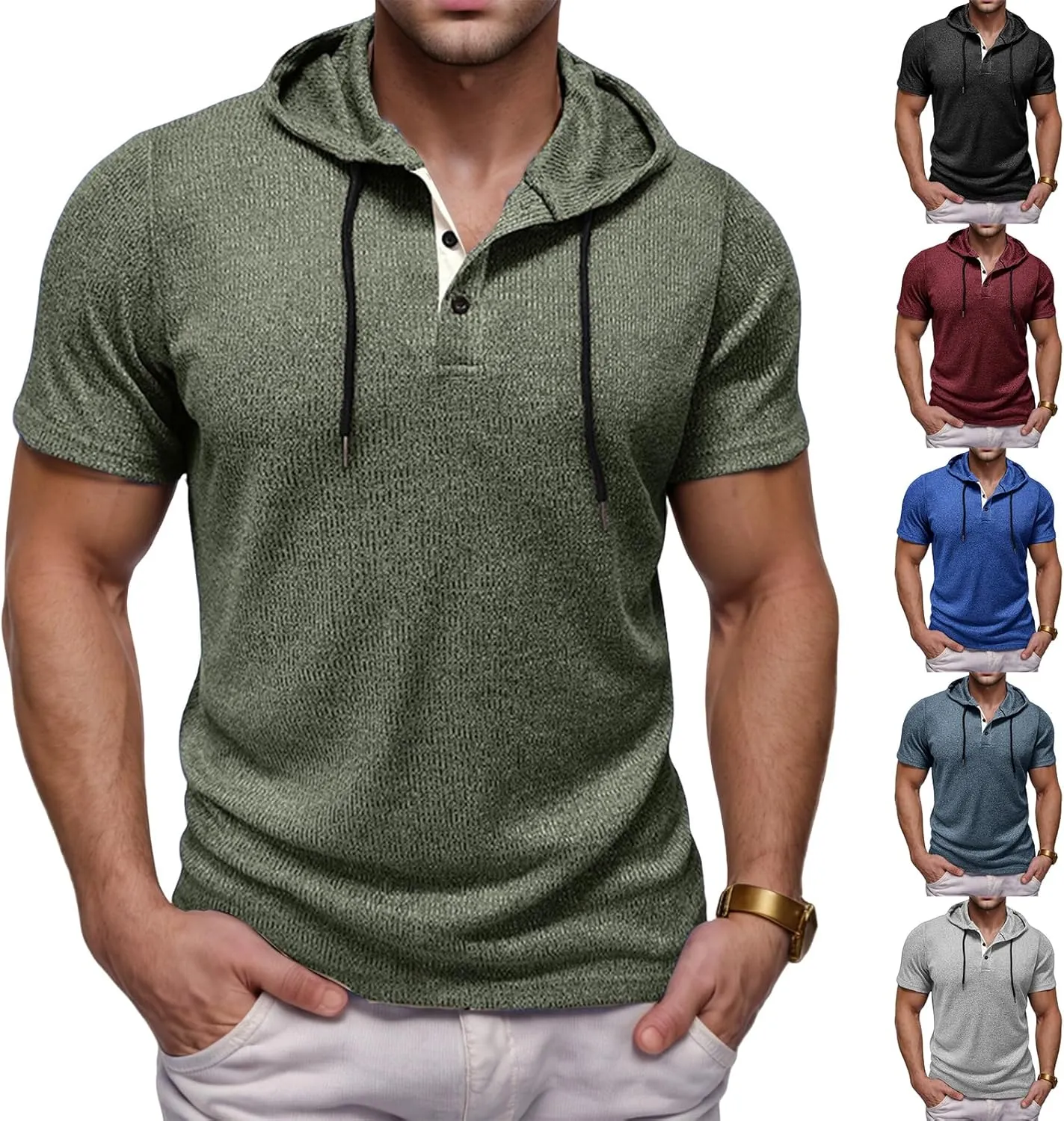 Mens Summer Hoodies Breathable Short Sleeve Shirts Stylish Athletic Workout Sweatshirt Solid Drawstring Tops