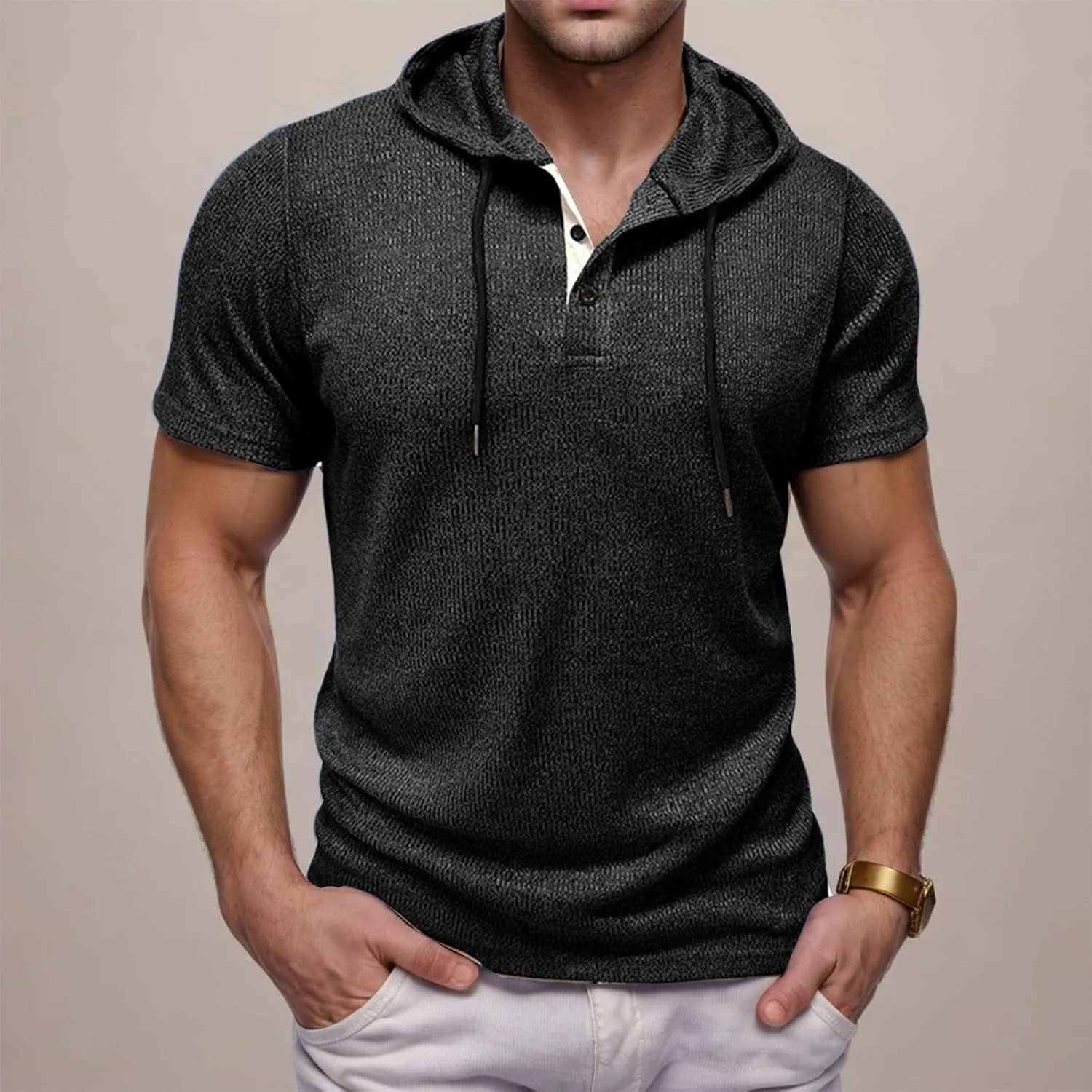 Mens Summer Hoodies Breathable Short Sleeve Shirts Stylish Athletic Workout Sweatshirt Solid Drawstring Tops