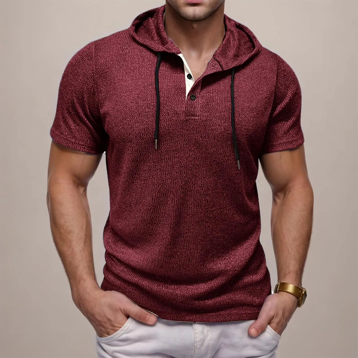 Mens Summer Hoodies Breathable Short Sleeve Shirts Stylish Athletic Workout Sweatshirt Solid Drawstring Tops