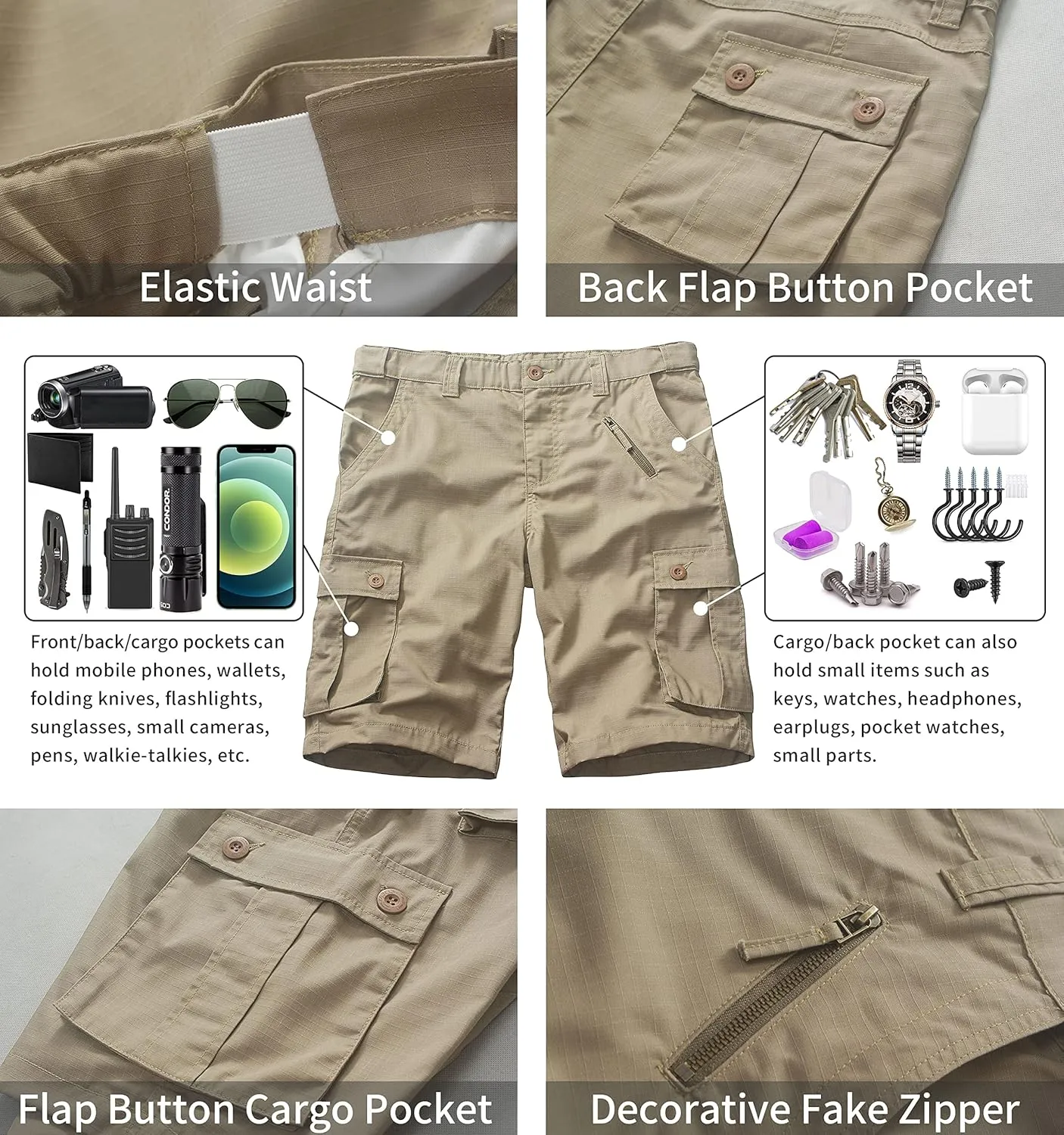 Men's Work Shorts, Cargo Werkshorts, Workwear Hiking Shorts with Utility Multi-Pocket