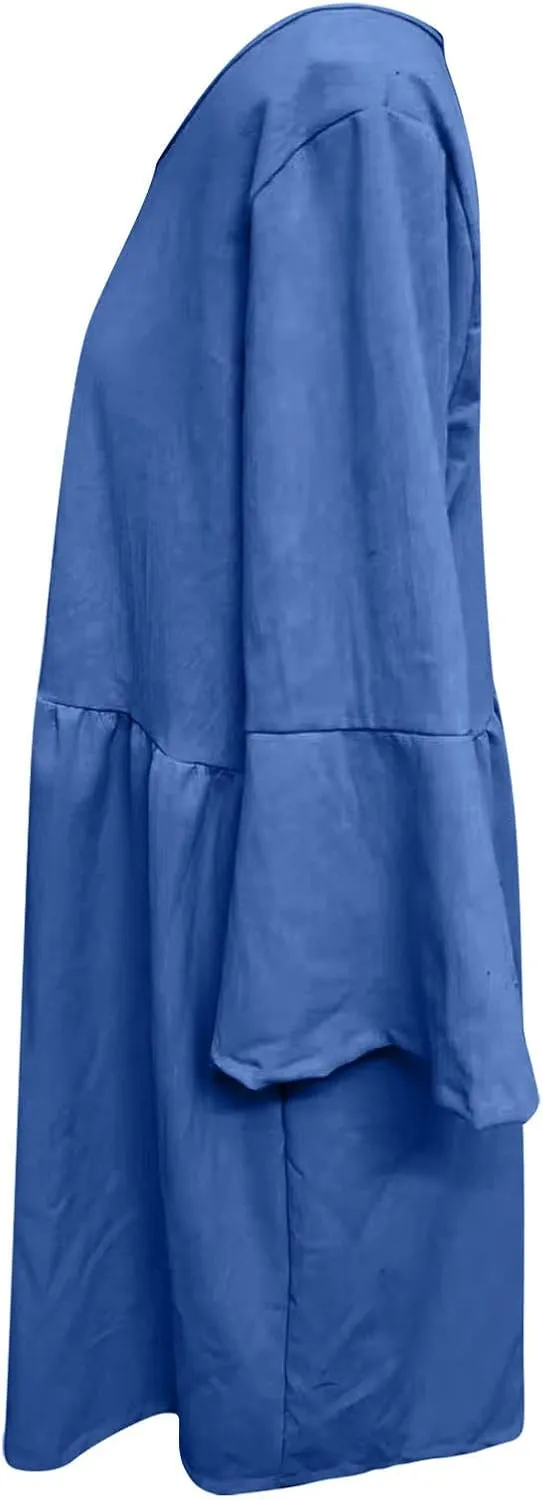 Midi Dress Women Plain 3/4 Sleeve Ruffle Aline Swing Casual Dresses Fashion Trendy 2025 Plus Size Cotton Linen Clothes