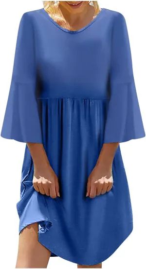 Midi Dress Women Plain 3/4 Sleeve Ruffle Aline Swing Casual Dresses Fashion Trendy 2025 Plus Size Cotton Linen Clothes