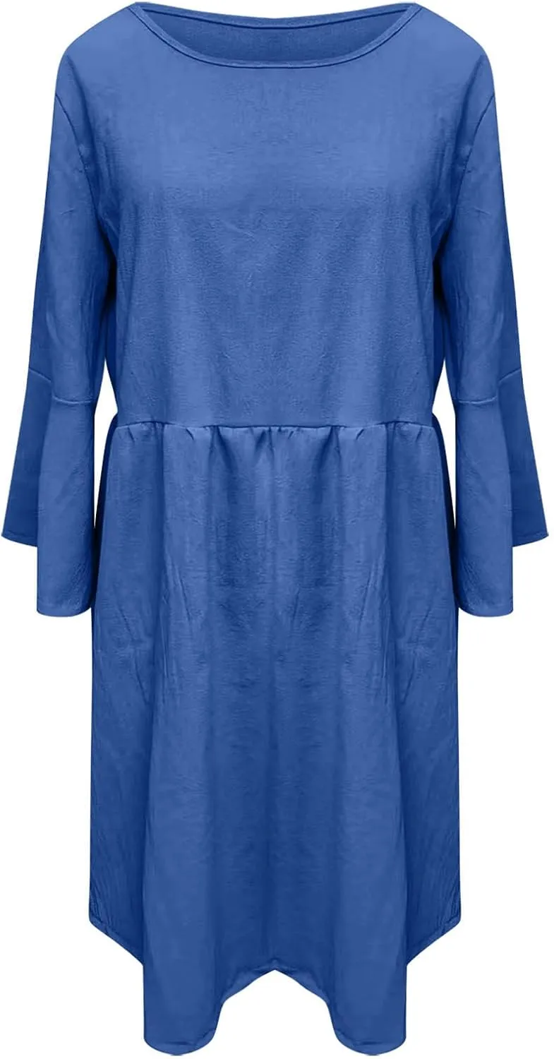 Midi Dress Women Plain 3/4 Sleeve Ruffle Aline Swing Casual Dresses Fashion Trendy 2025 Plus Size Cotton Linen Clothes