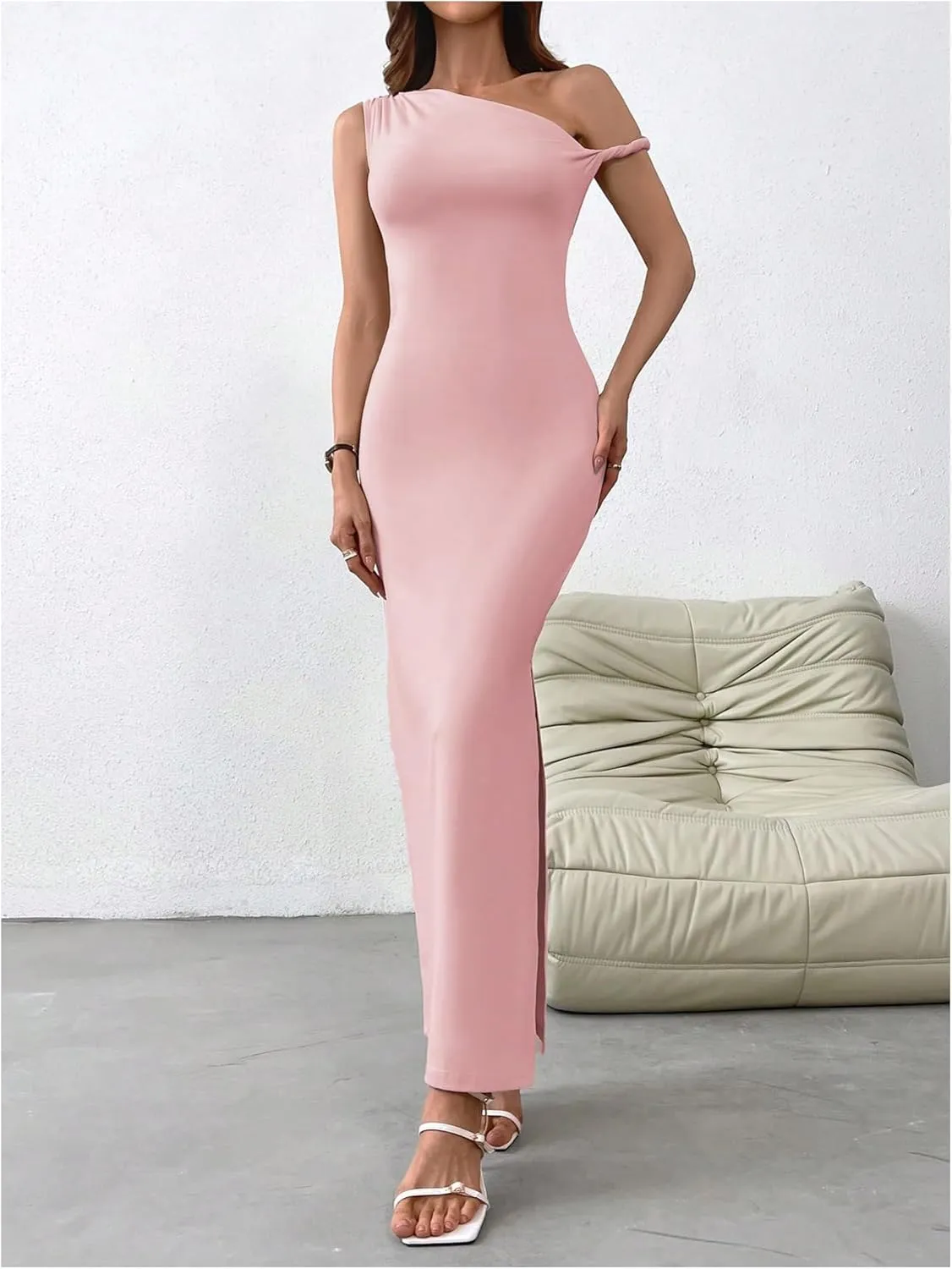 Milumia Women's One Shoulder Twisted Asymmetrical Neck Sleeveless Bodycon Maxi Dresses
