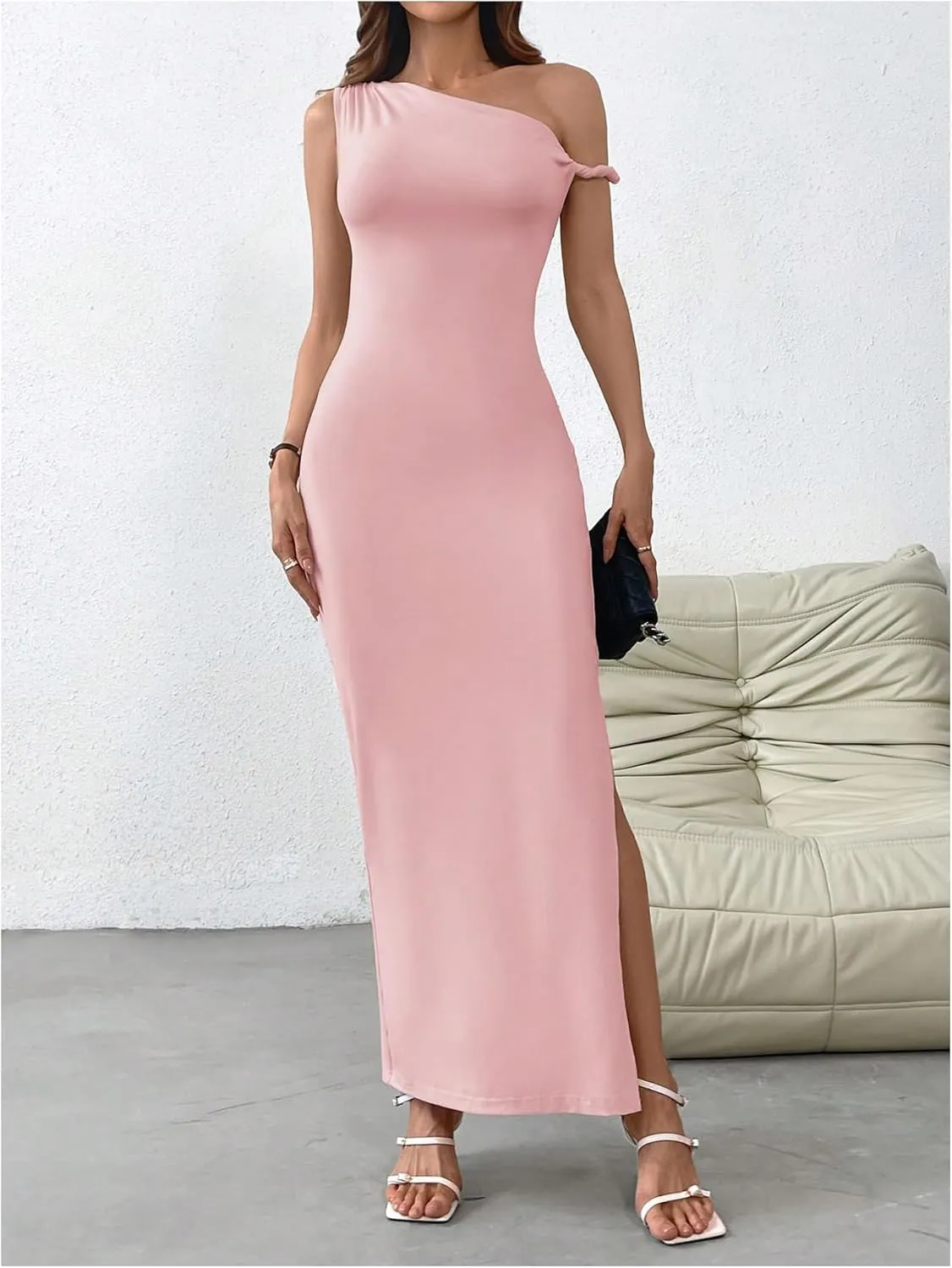 Milumia Women's One Shoulder Twisted Asymmetrical Neck Sleeveless Bodycon Maxi Dresses