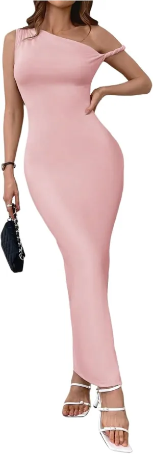Milumia Women's One Shoulder Twisted Asymmetrical Neck Sleeveless Bodycon Maxi Dresses