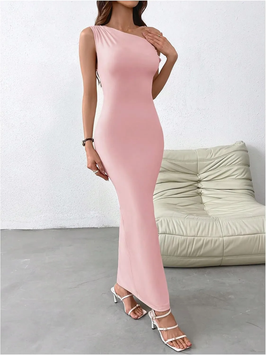 Milumia Women's One Shoulder Twisted Asymmetrical Neck Sleeveless Bodycon Maxi Dresses