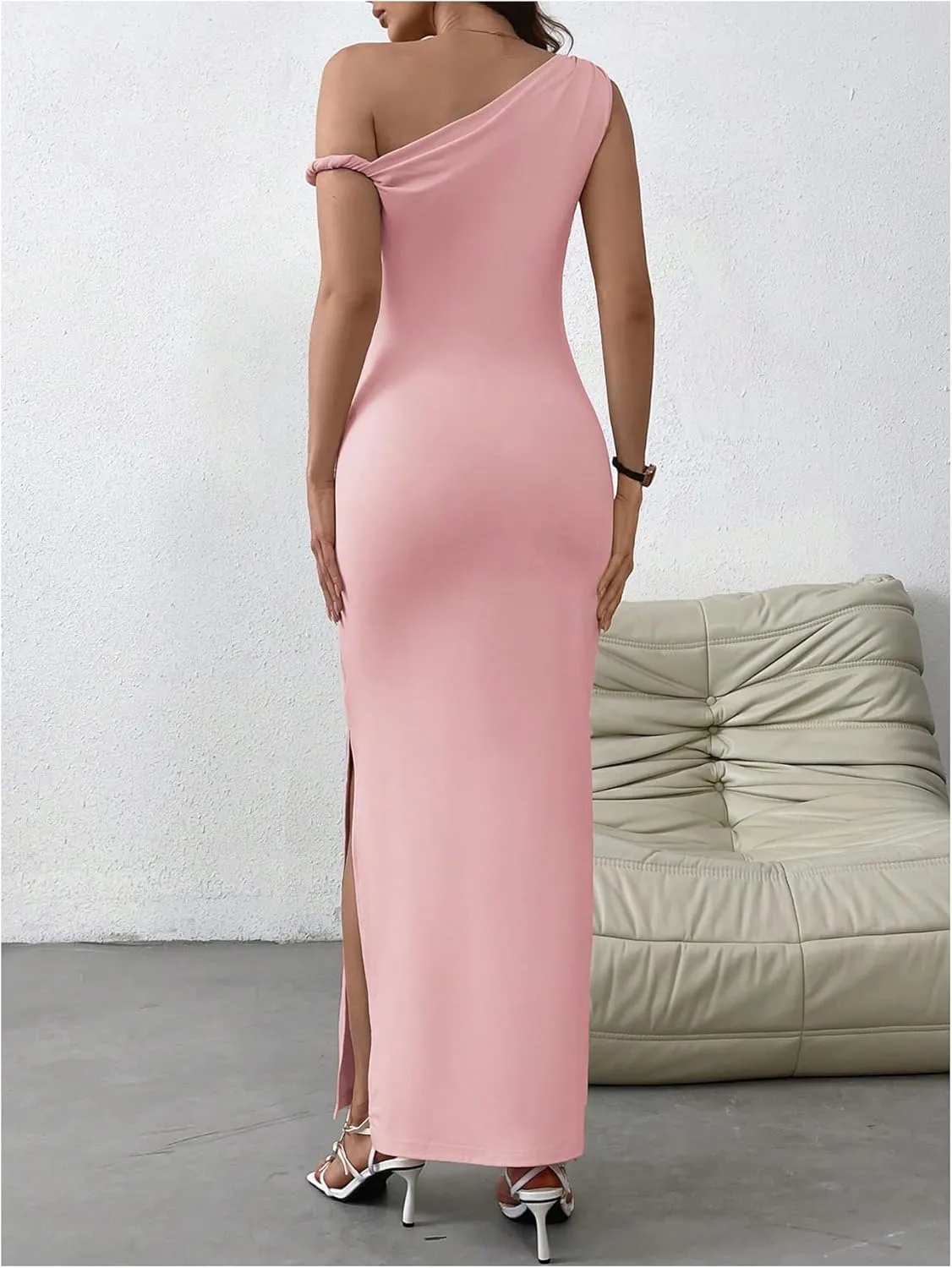 Milumia Women's One Shoulder Twisted Asymmetrical Neck Sleeveless Bodycon Maxi Dresses