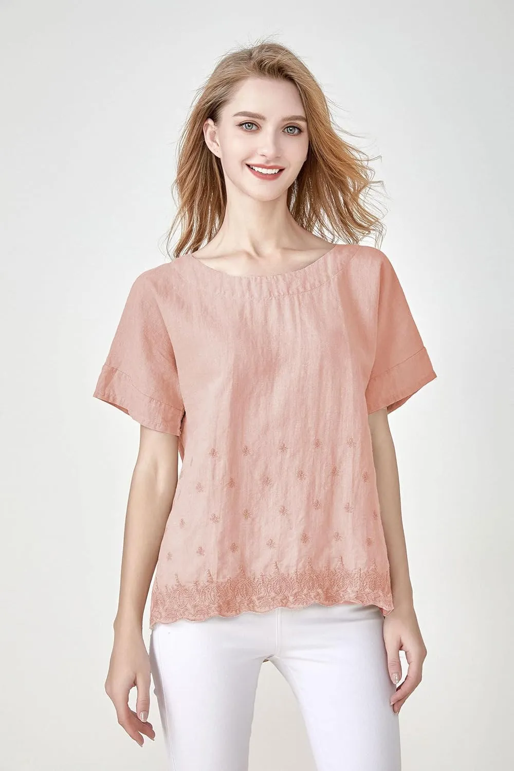 Minibee Women's Summer Linen Tunic Shirt High Low Hem Embroidery Blouse Top