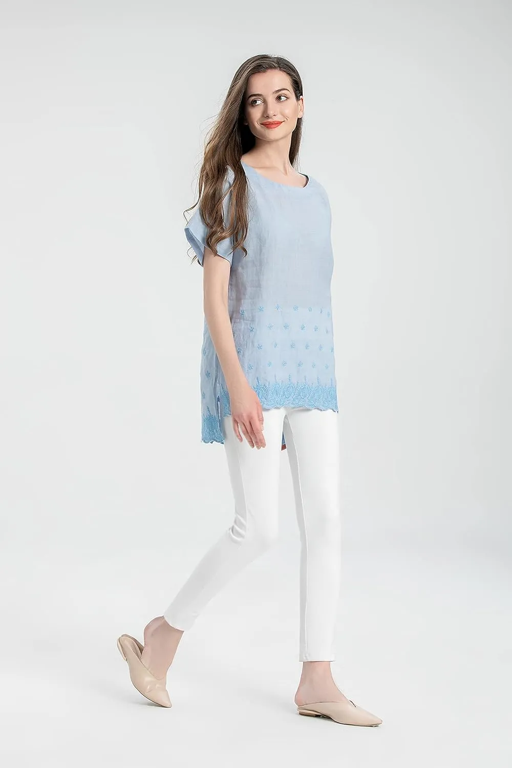 Minibee Women's Summer Linen Tunic Shirt High Low Hem Embroidery Blouse Top