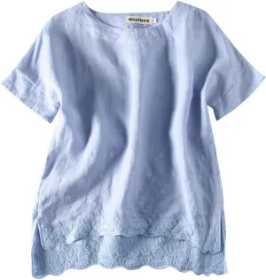 Minibee Women's Summer Linen Tunic Shirt High Low Hem Embroidery Blouse Top