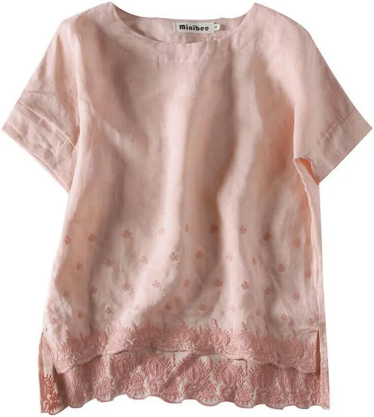 Minibee Women's Summer Linen Tunic Shirt High Low Hem Embroidery Blouse Top