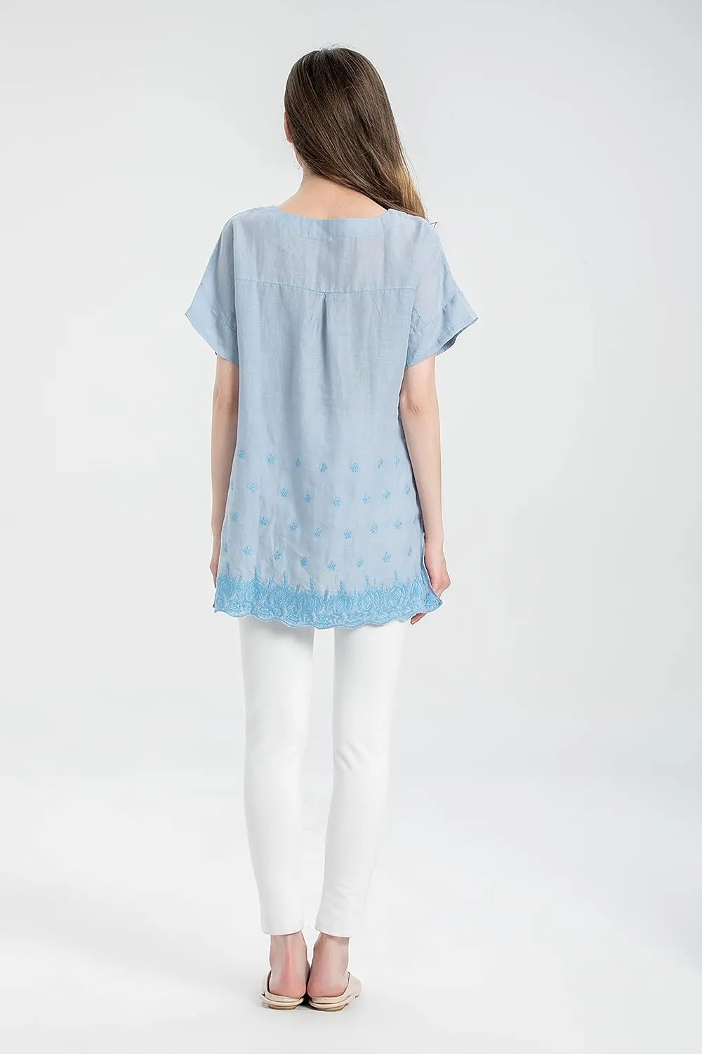 Minibee Women's Summer Linen Tunic Shirt High Low Hem Embroidery Blouse Top