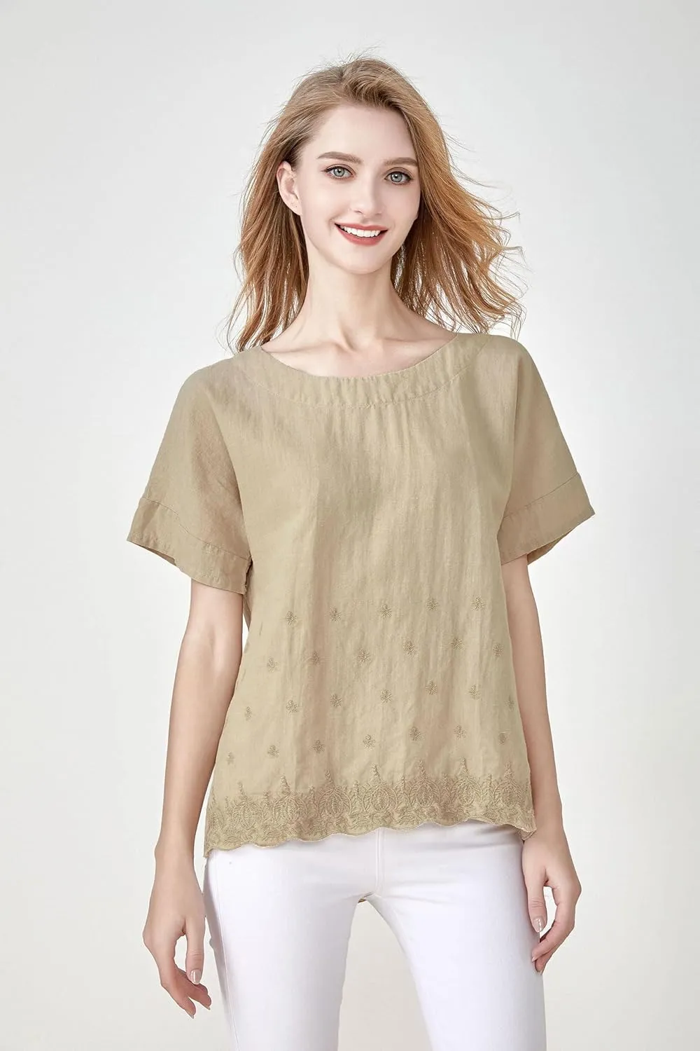 Minibee Women's Summer Linen Tunic Shirt High Low Hem Embroidery Blouse Top