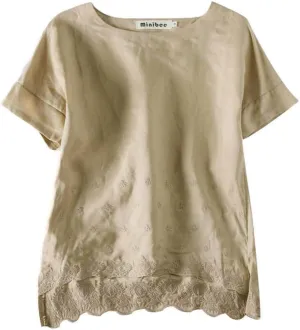 Minibee Women's Summer Linen Tunic Shirt High Low Hem Embroidery Blouse Top