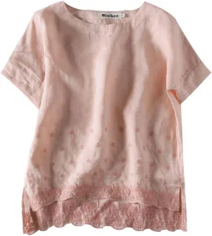 Minibee Women's Summer Linen Tunic Shirt High Low Hem Embroidery Blouse Top