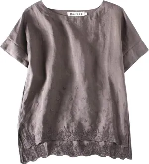 Minibee Women's Summer Linen Tunic Shirt High Low Hem Embroidery Blouse Top