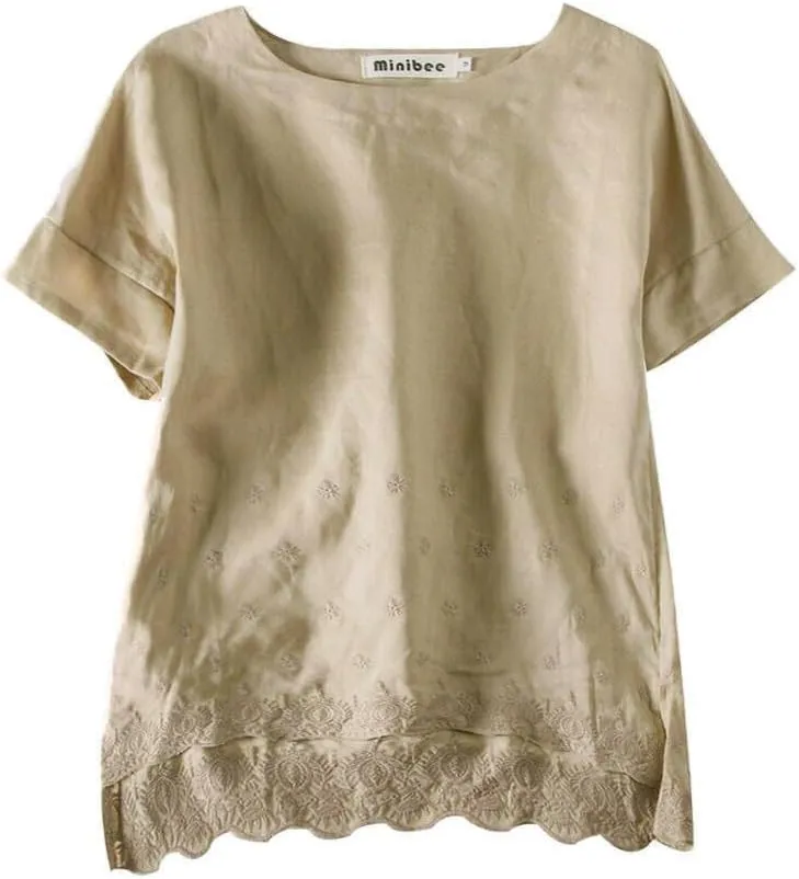 Minibee Women's Summer Linen Tunic Shirt High Low Hem Embroidery Blouse Top