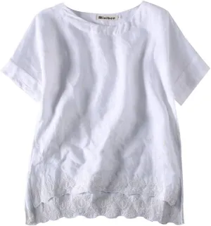 Minibee Women's Summer Linen Tunic Shirt High Low Hem Embroidery Blouse Top