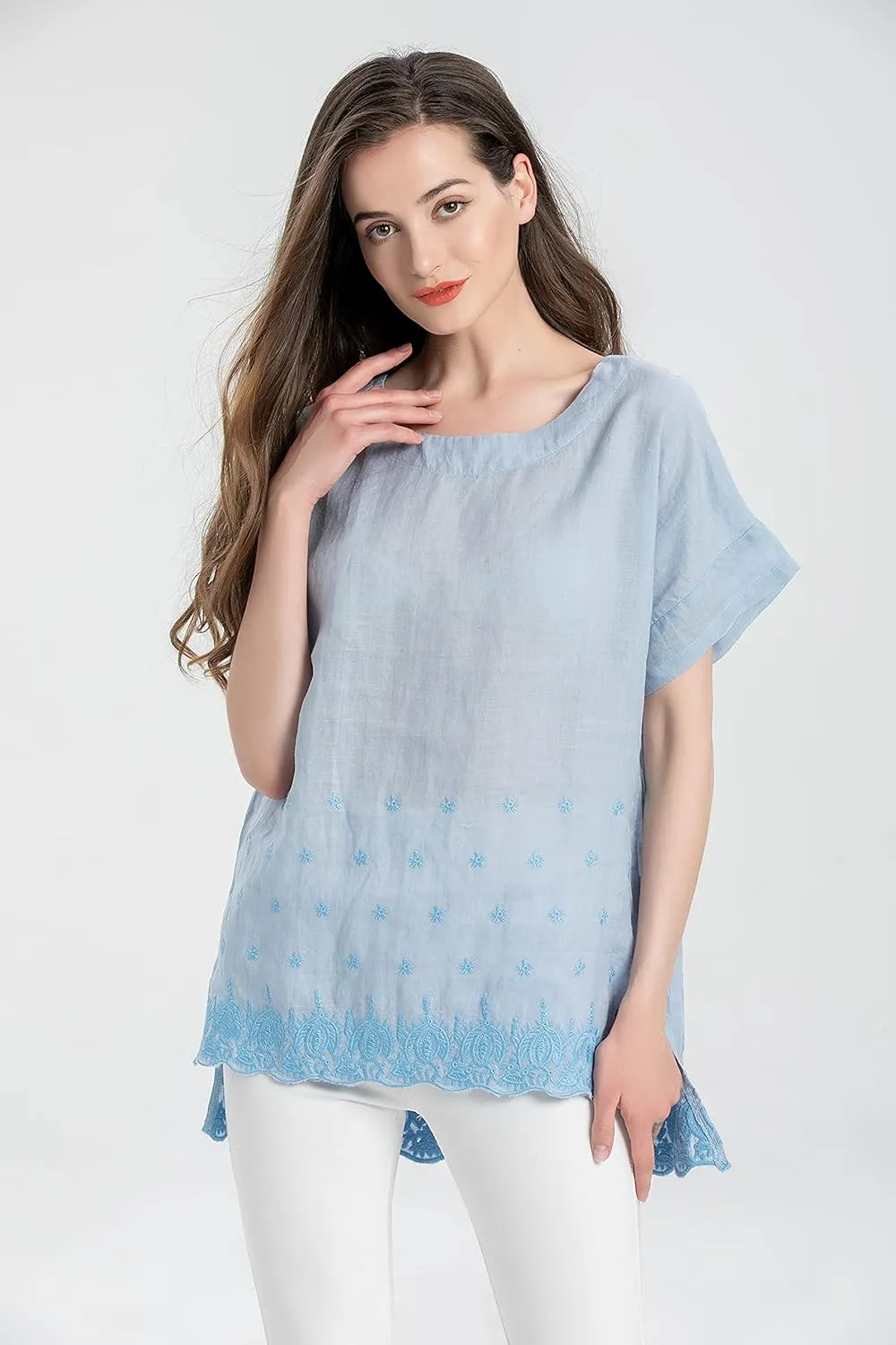 Minibee Women's Summer Linen Tunic Shirt High Low Hem Embroidery Blouse Top