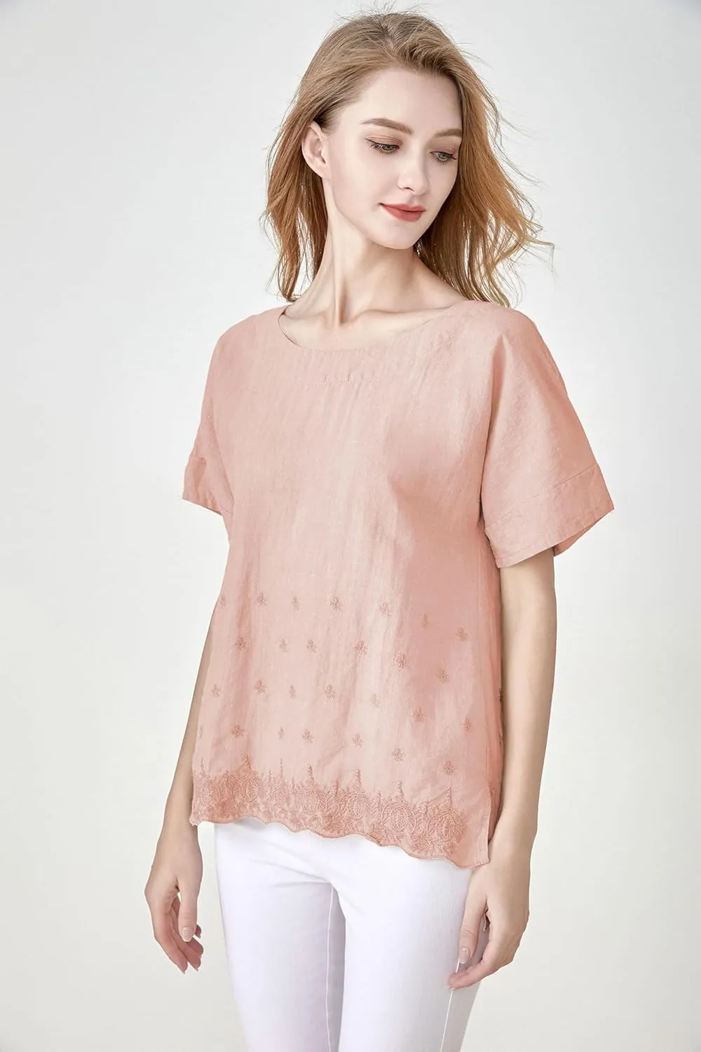 Minibee Women's Summer Linen Tunic Shirt High Low Hem Embroidery Blouse Top